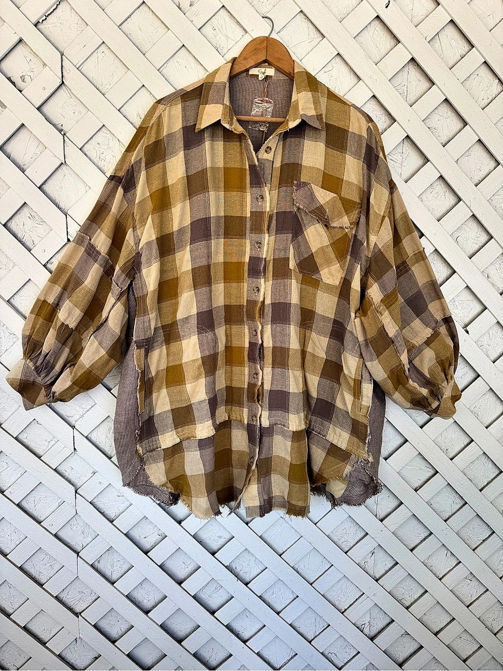 POL Plaid Frayed Hem Tunic Shirt Balloon Sleeve Boho Size Large New
